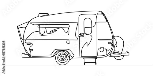 Camp & Caravan Continuous Line Editable Stroke Line, Continuous one line drawing of motorhome, Motorhome in continuous line art drawing style. Campervan recreational vehicle black linear sketch.