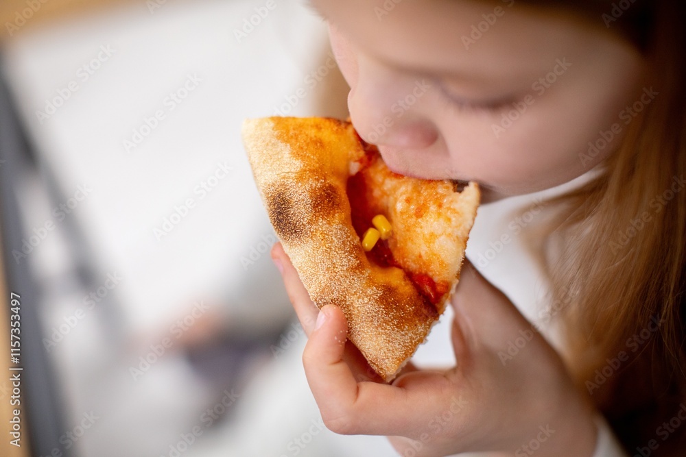 A Joyful Child Happily Relishing a Delicious Slice of Flavorful Pizza in a Colorful Setting A Joyful Child Happily Relishing a Delicious Slice of Flavorful Pizza in a Colorful Setting