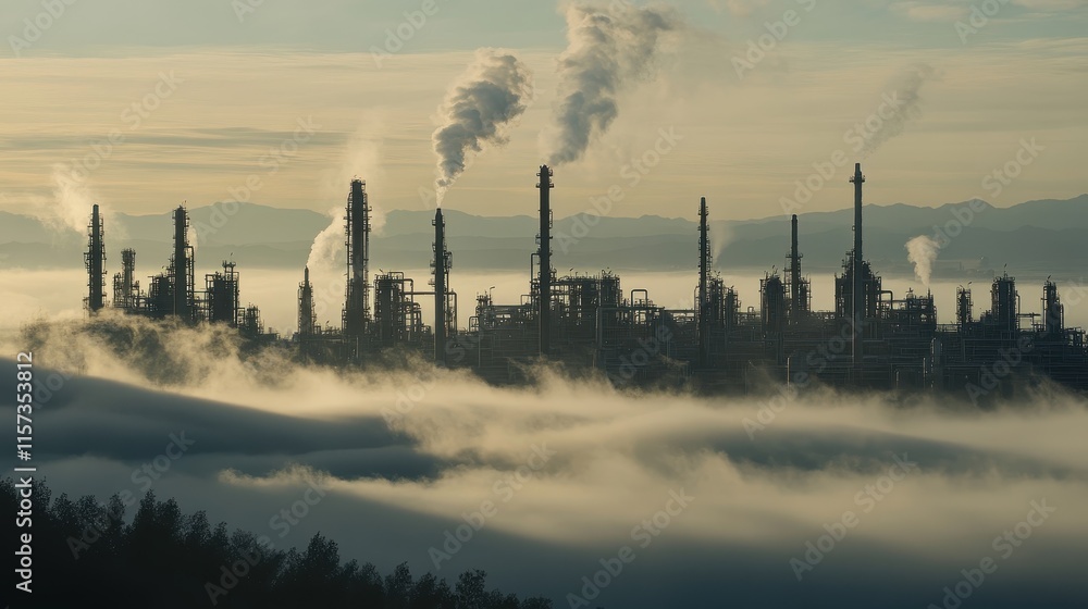 A vast network of cooling towers and pipes in a sprawling petrochemical facility, releasing vapor into the atmosphere. A vast network of cooling towers and pipes in a sprawling petrochemical facility, releasing vapor into the atmosphere.