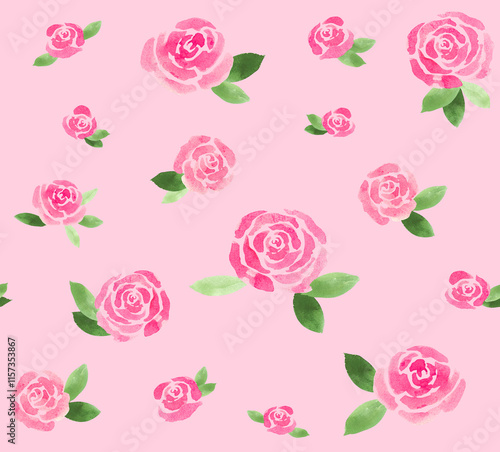Beautiful watercolor roses on soft pink background create a cheerful, vibrant floral pattern for decoration