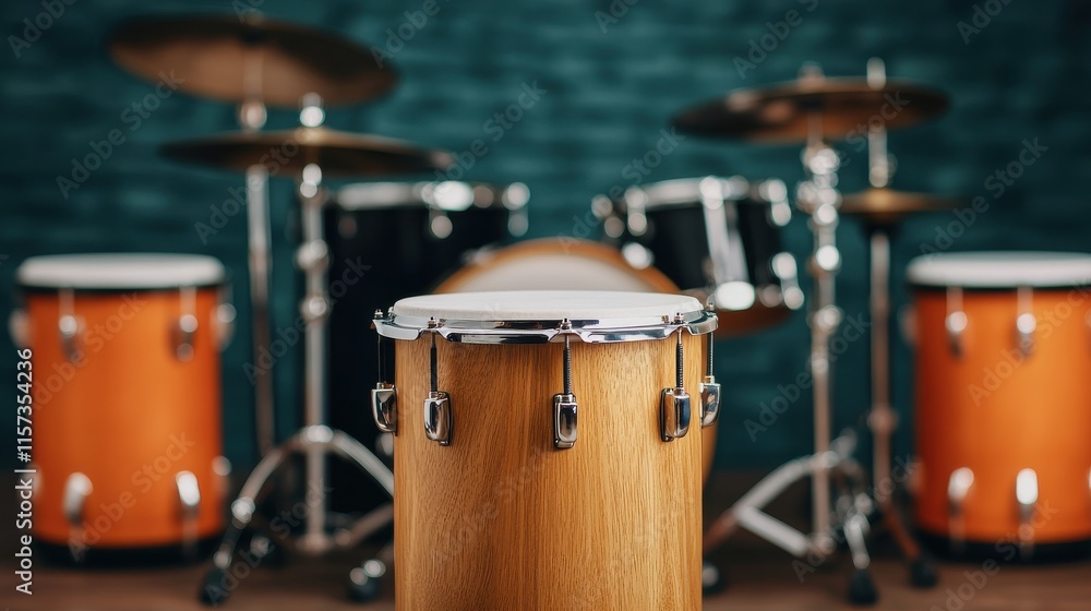 Fototapeta premium Dynamic Studio Setup Featuring Wooden Drums and Drum Kit in a Modern Music Environment