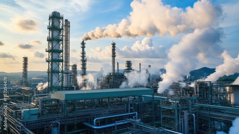 Cooling towers in the petrochemical industry, releasing steam into the sky, set against the complex background of mechanical equipment and safety systems. Cooling towers in the petrochemical industry, releasing steam into the sky, set against the complex background of mechanical equipment and safety systems.