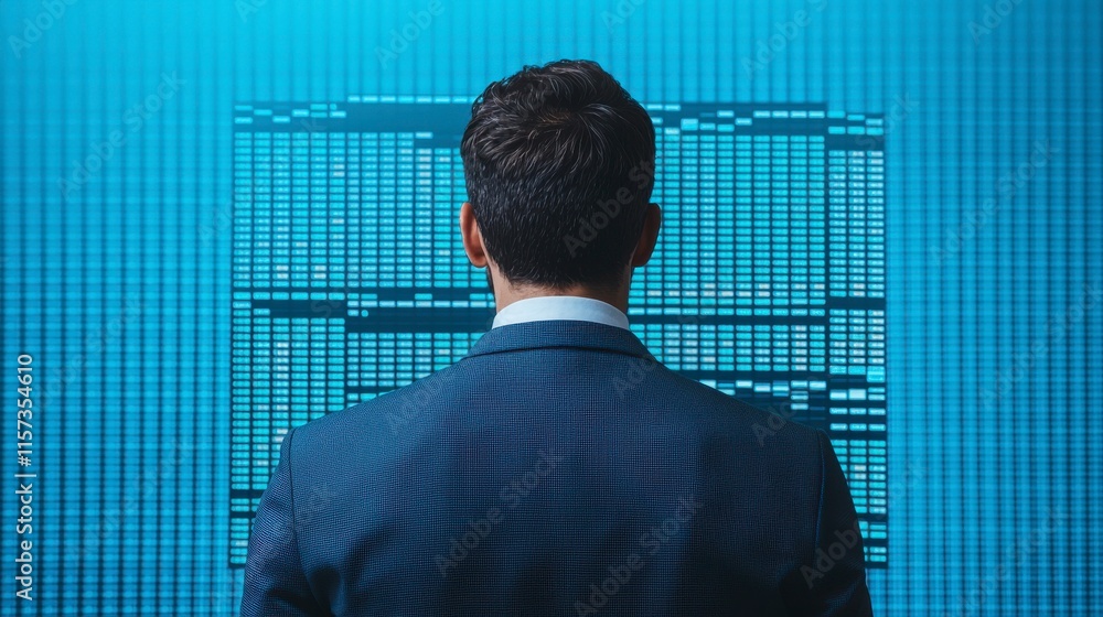 Fototapeta premium Businessman Analyzing Stock Market Trends on Digital Display, Concentrating on Data Visualization for Informed Financial Decisions and Investment Strategies