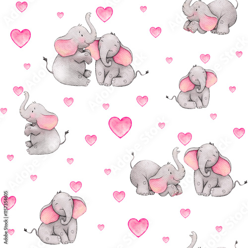 Sticker Cute elephants with hearts in a playful pattern suitable for children's decor an