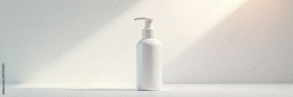Delicate light streaks illuminating a gleaming white pump bottle placed against a bright white backdrop, glow, Delicate light streaks illuminating a gleaming white pump bottle placed against a bright white backdrop, glow,