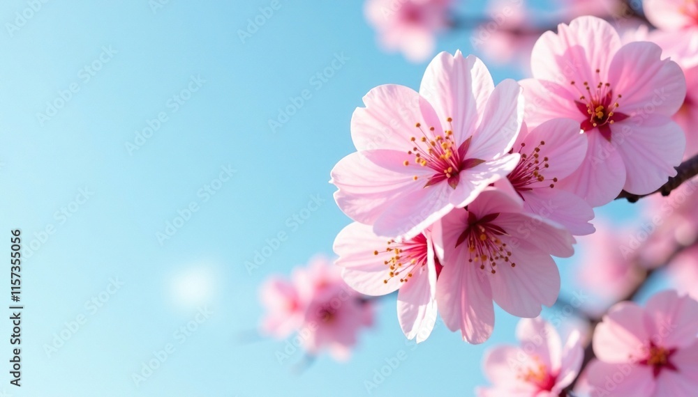 Delicate pink cherry blossoms against a soft blue sky, art, nature, bloom