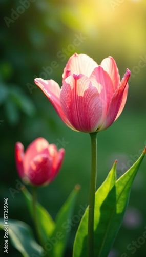 Delicate petals unfurl in gentle morning light, verdant, garden