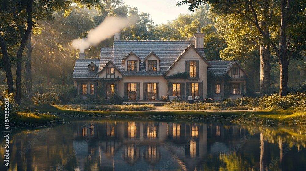 Charming house by the lake at sunrise. Charming house by the lake at sunrise.