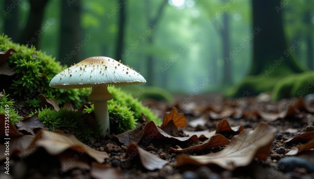 Dense forest floor misty atmosphere white mushroom grows among decaying leaves, decay, atmosphere, wild Dense forest floor misty atmosphere white mushroom grows among decaying leaves, decay, atmosphere, wild