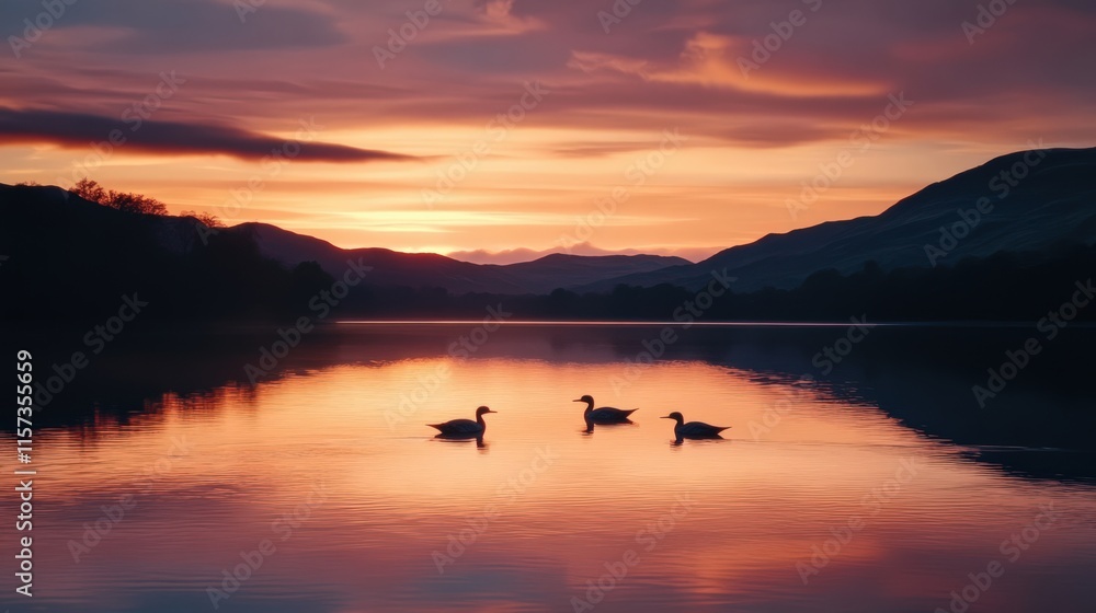 Fototapeta premium Serene Lake at Sunset with Three Ducks Silhouetted in the Water