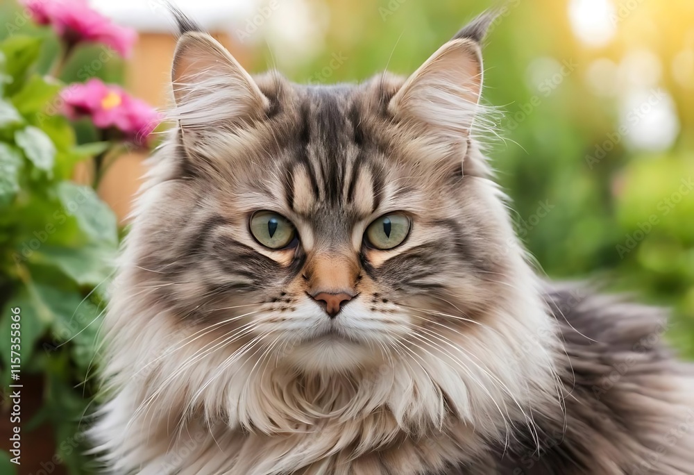 Majestic Maine Coon Cat Posing Outdoors in Garden Majestic Maine Coon Cat Posing Outdoors in Garden