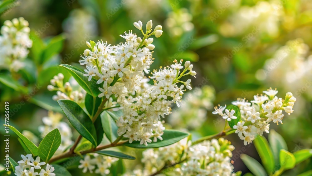 Beautiful wild privet plant in full bloom with white flowers in a natural setting, wild, privet, Ligustrum vulgare Beautiful wild privet plant in full bloom with white flowers in a natural setting, wild, privet, Ligustrum vulgare