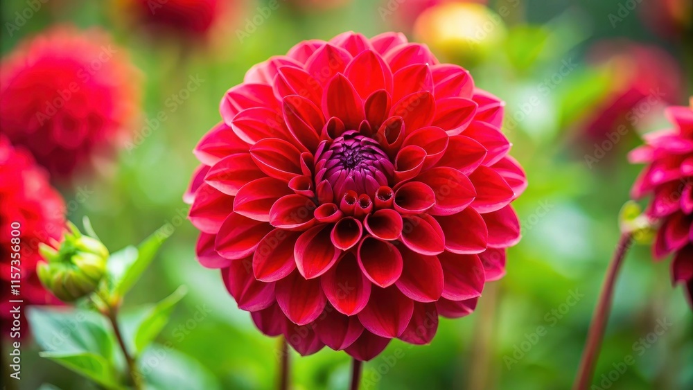 Vibrant red dahlia flower in full bloom, blooming, petals, close up, garden, floral, botanical, nature, vibrant, red, plant Vibrant red dahlia flower in full bloom, blooming, petals, close up, garden, floral, botanical, nature, vibrant, red, plant