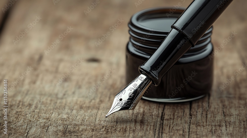 Naklejka premium Fountain pen with inkwell on wooden surface.