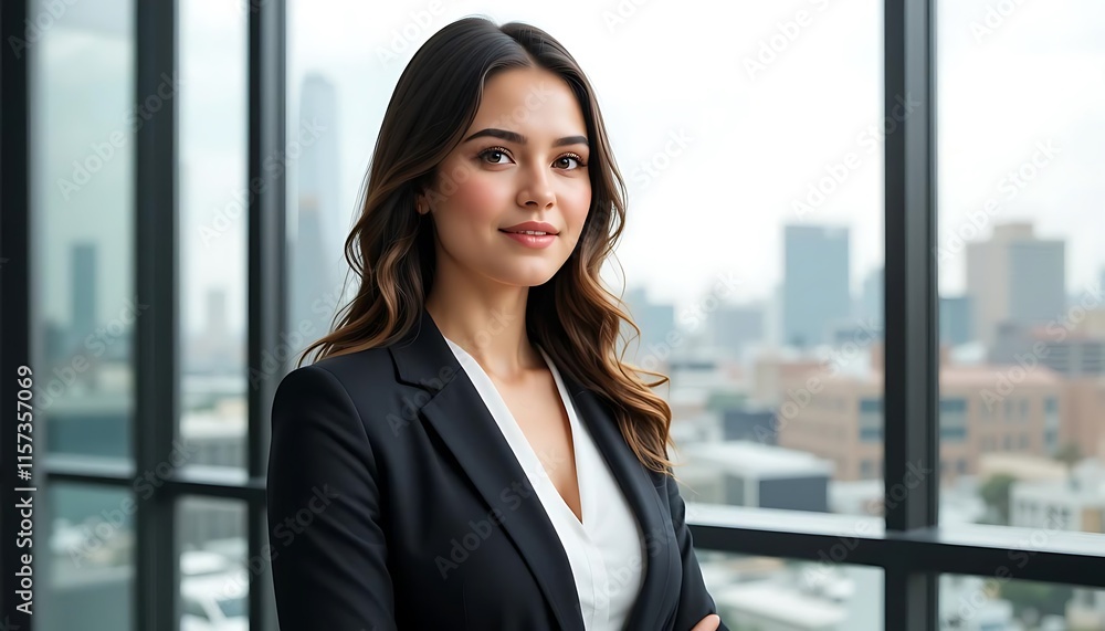 A beautiful woman standing in business office room and make a photo to attract the audience. A beautiful woman standing in business office room and make a photo to attract the audience.