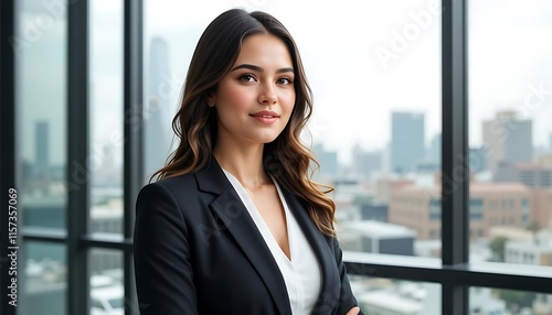 A beautiful woman standing in business office room and make a photo to attract the audience.