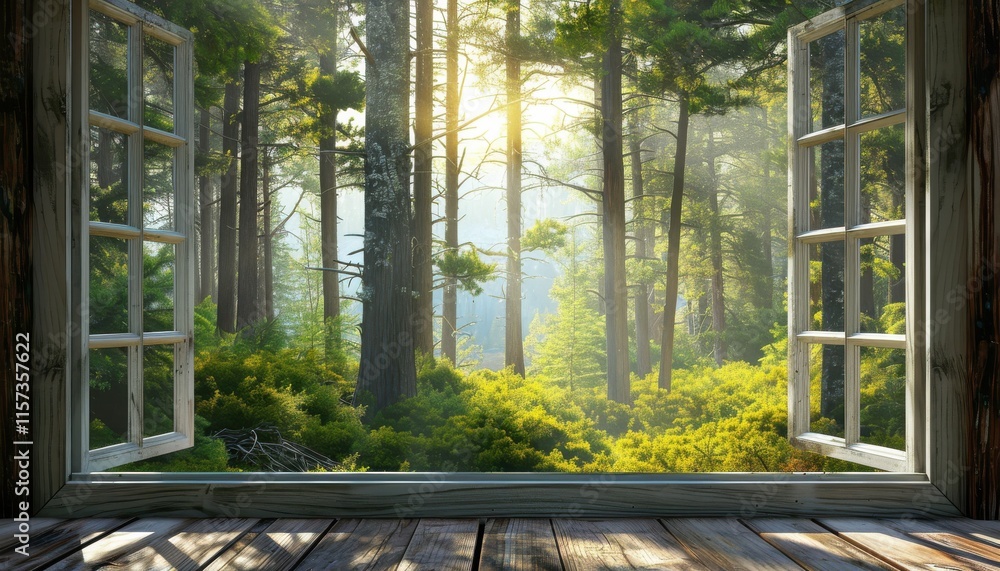 Serene forest view from a rustic cabin window; perfect for nature lovers and home decor. Ideal for websites, blogs, and print. Serene forest view from a rustic cabin window; perfect for nature lovers and home decor. Ideal for websites, blogs, and print.