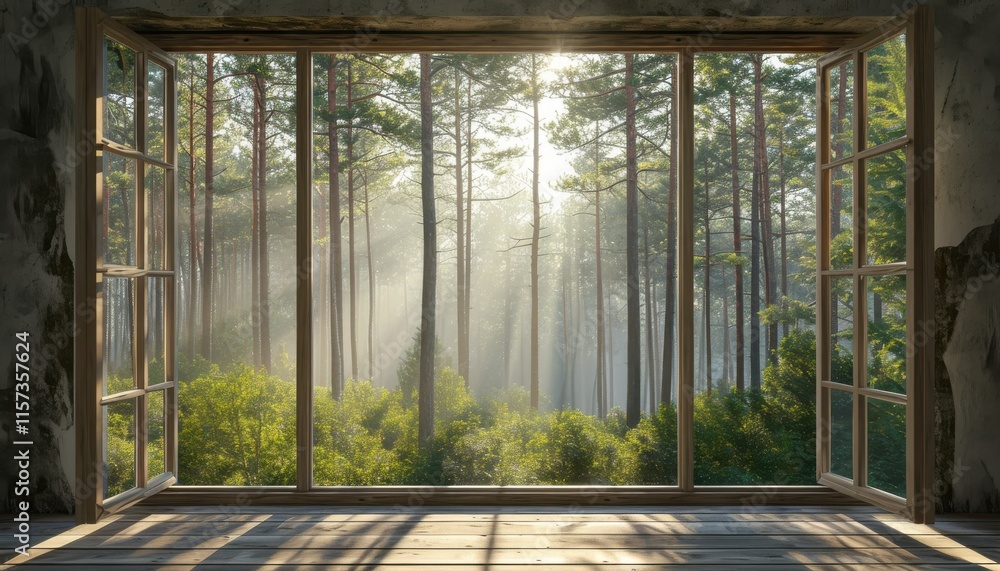 Serene sunrise through a rustic window overlooking a misty forest. Perfect for nature, tranquility, and home decor themes. Serene sunrise through a rustic window overlooking a misty forest. Perfect for nature, tranquility, and home decor themes.
