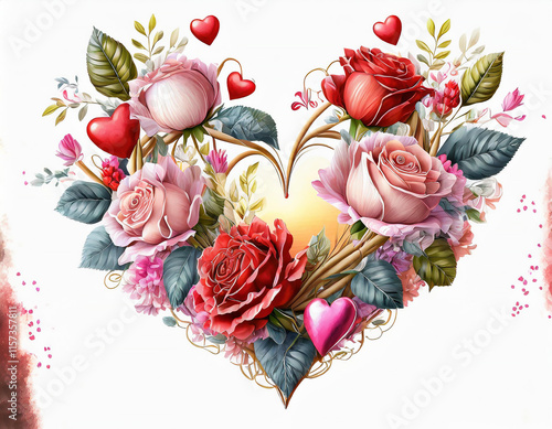 heart and flowers, valentine's day, white background, illustration