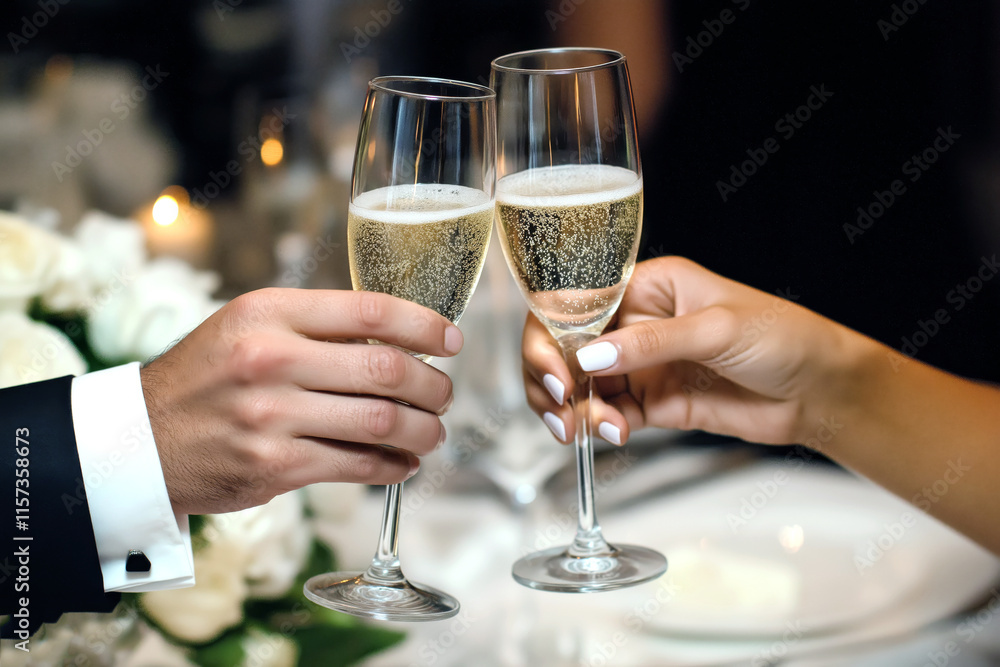 Close-up of hands with champagne flutes making a toast at an engagement party. Close-up of hands with champagne flutes making a toast at an engagement party.