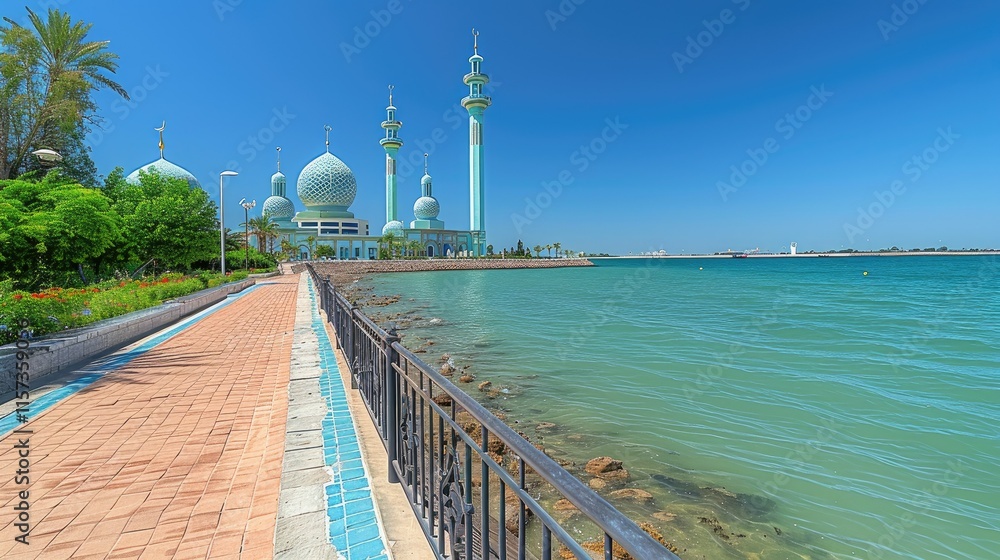 Coastal mosque pathway, turquoise water, sunny day. Coastal mosque pathway, turquoise water, sunny day.
