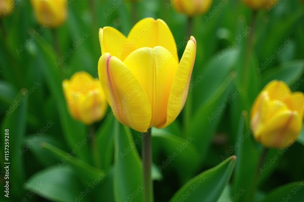 Green leafy greens surrounding yellow tulip bulb, botanical, plant life Green leafy greens surrounding yellow tulip bulb, botanical, plant life