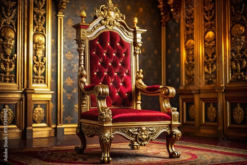 Majestic kings throne with intricate gold detailing and plush red velvet cushion in an opulent palace setting photo