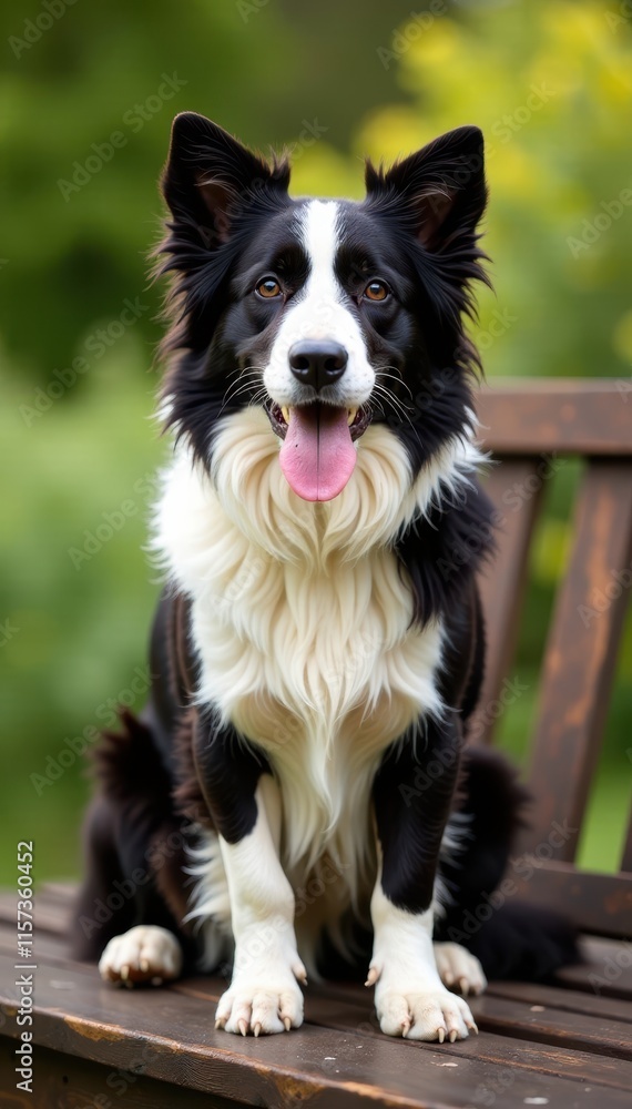 Fototapeta premium Panting Border Collie Sitting on Wooden Bench, outdoors, sitting