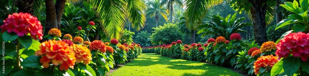 Lush vegetation and flowers in a Dominican garden, florals, botanicals, gardens landscape Lush vegetation and flowers in a Dominican garden, florals, botanicals, gardens landscape