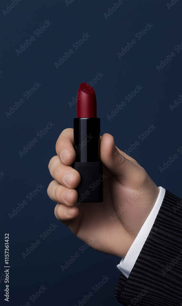 Dark Red Lipstick in Black Case Held by Hand in Suit Dark Red Lipstick in Black Case Held by Hand in Suit
