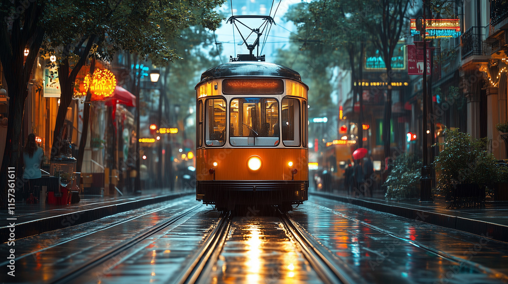 Obraz premium Vintage Tram in a Rainy Evening Cityscape