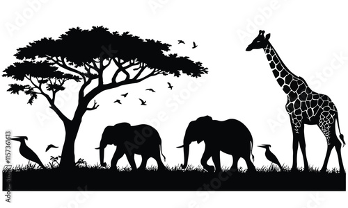 Black silhouette of animals of the African savannah. Lions give out among the trees. Landscape of wild nature.
