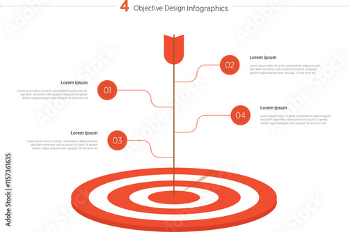 Red dart hit to center of dartboard with lines for infographic. stroke on target. Business success, investment goal, marketing challenge, financial strategy, purpose achievement, focus ideas concept.