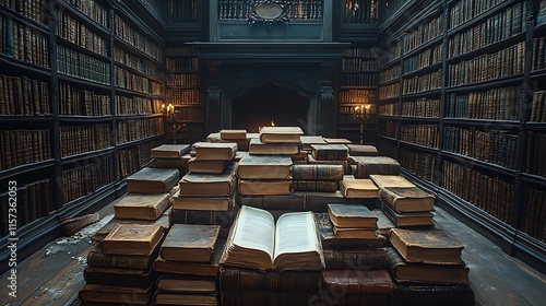 Ancient Library Stacks Of Leather Bound Books