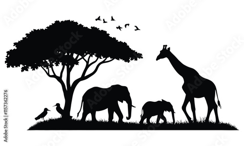 Silhouettes of trees and wild forest animals with white background