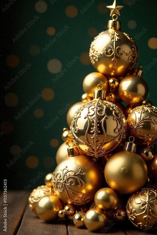 Ornate gold baubles stacked like a Christmas tree with intricate details, ornate, holiday Ornate gold baubles stacked like a Christmas tree with intricate details, ornate, holiday