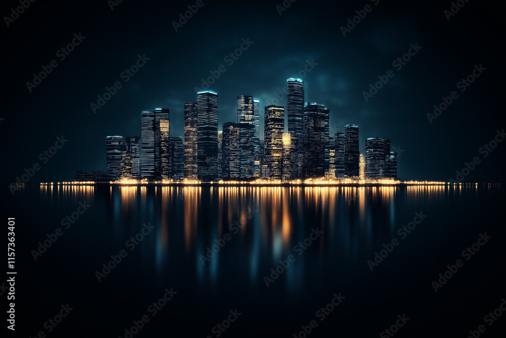 Fototapeta premium Moderne Skyline bei Nacht mit reflektierenden Lichtern im Wasser