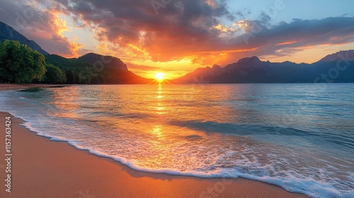 Fototapeta Naklejka Na Ścianę i Meble -  Vibrant sunset over a tranquil beach with gentle waves lapping the shore.