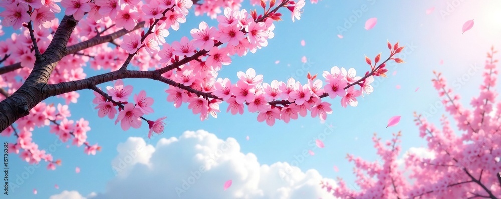 Pink cherry blossom branches stretch towards the sky, landscape, scenery, pink cherry blossoms Pink cherry blossom branches stretch towards the sky, landscape, scenery, pink cherry blossoms