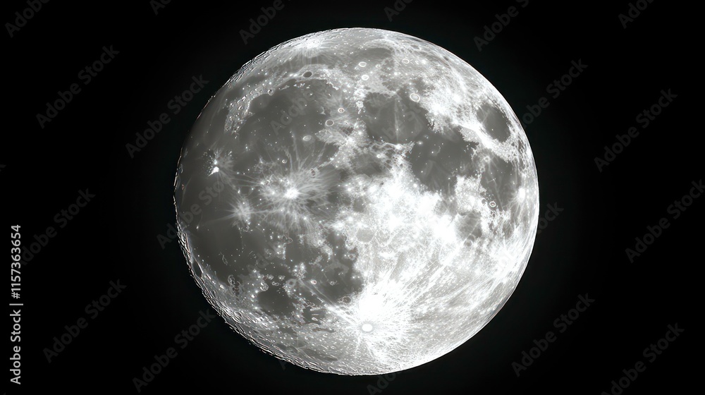 A big bright full moon gives off light in the night sky. An astronomical body orbiting the planet Earth, which is the Earth's only permanent natural satellite. Illustration for cover, card, design. A big bright full moon gives off light in the night sky. An astronomical body orbiting the planet Earth, which is the Earth's only permanent natural satellite. Illustration for cover, card, design.
