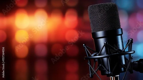 A black podcasting microphone on a mic arm with a blurry background of a small modern podcast room.