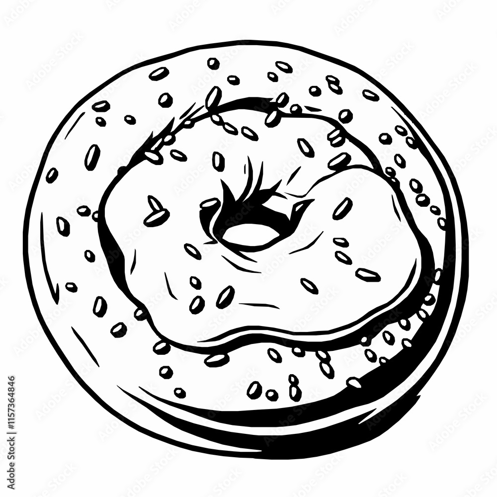 bagel outline vector illustration with cream cheese and sesame seeds