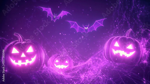 Glowing purple Halloween pumpkins and bats on dark background. photo