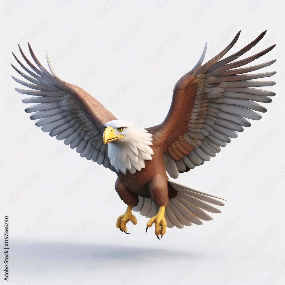 Obraz premium Digital illustration showing bald eagle soaring, wings fully extended, symbolizing freedom and strength against clean white backdrop