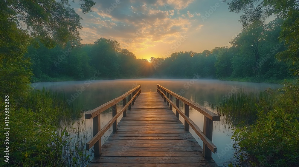 Obraz premium Wooden bridge leads across misty lake at sunrise