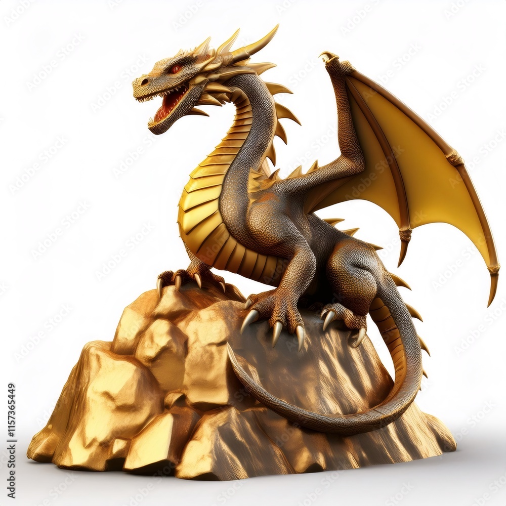 Obraz premium 3D rendering of a cartoon fierce dragon perched atop a mountain of gold, isolated on white background