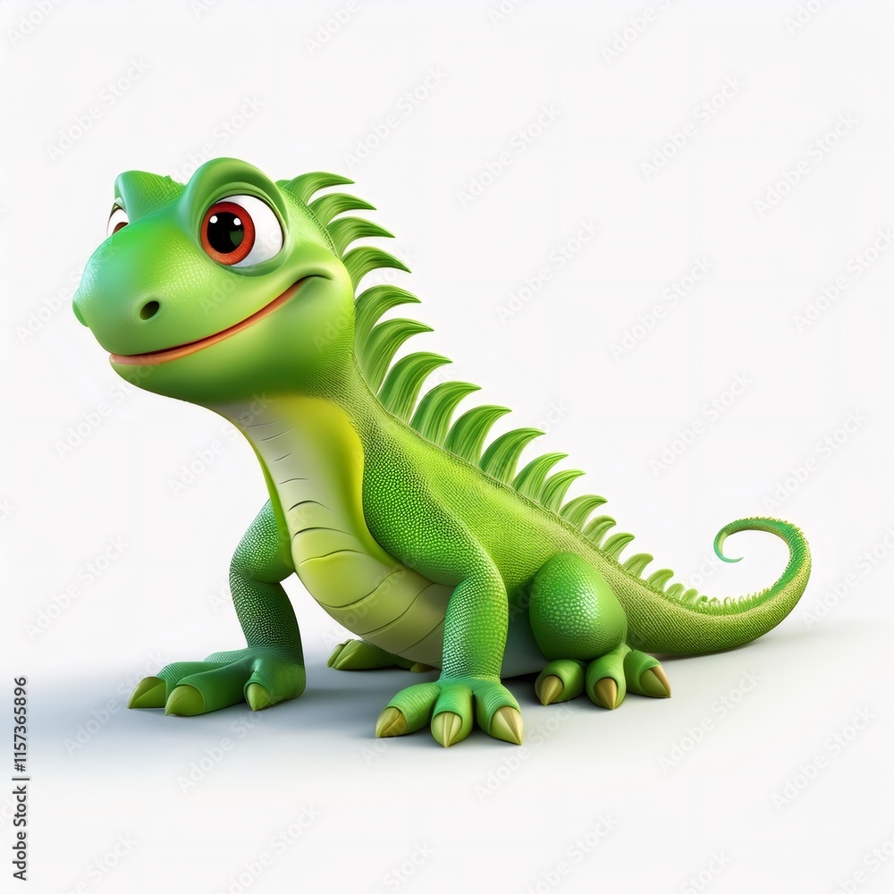 Obraz premium Green cartoon iguana sitting and looking up with a friendly expression, isolated on white background