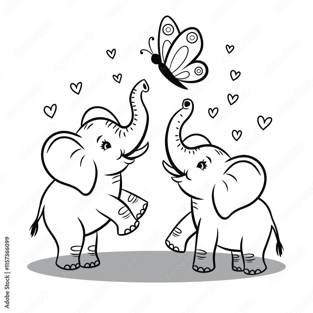 Obraz premium Beautiful and cute line art elephant with butterfly silhouette art with white background