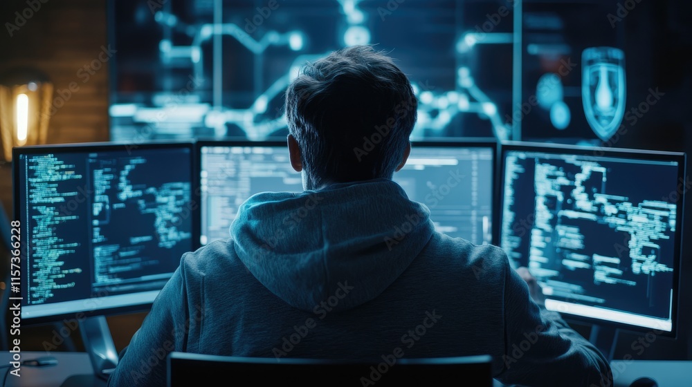Cybersecurity Analyst Conducting Data Analysis on Multiple Monitors in Dark Room Cybersecurity Analyst Conducting Data Analysis on Multiple Monitors in Dark Room