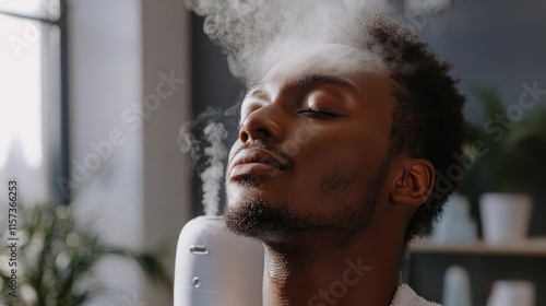 Man enjoying facial steam for skincare rejuvenation and relaxation highlighting personal wellness routine and self-care practices photo